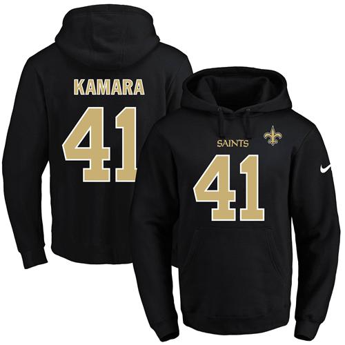 Nike Saints #41 Alvin Kamara Black Name & Number Pullover NFL Hoodie - Click Image to Close
